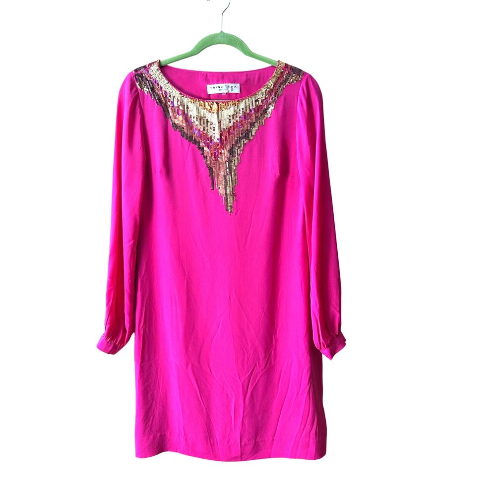Trina Turk 100% Silk Dress Pink Sequin Embellished ‎ Size 4